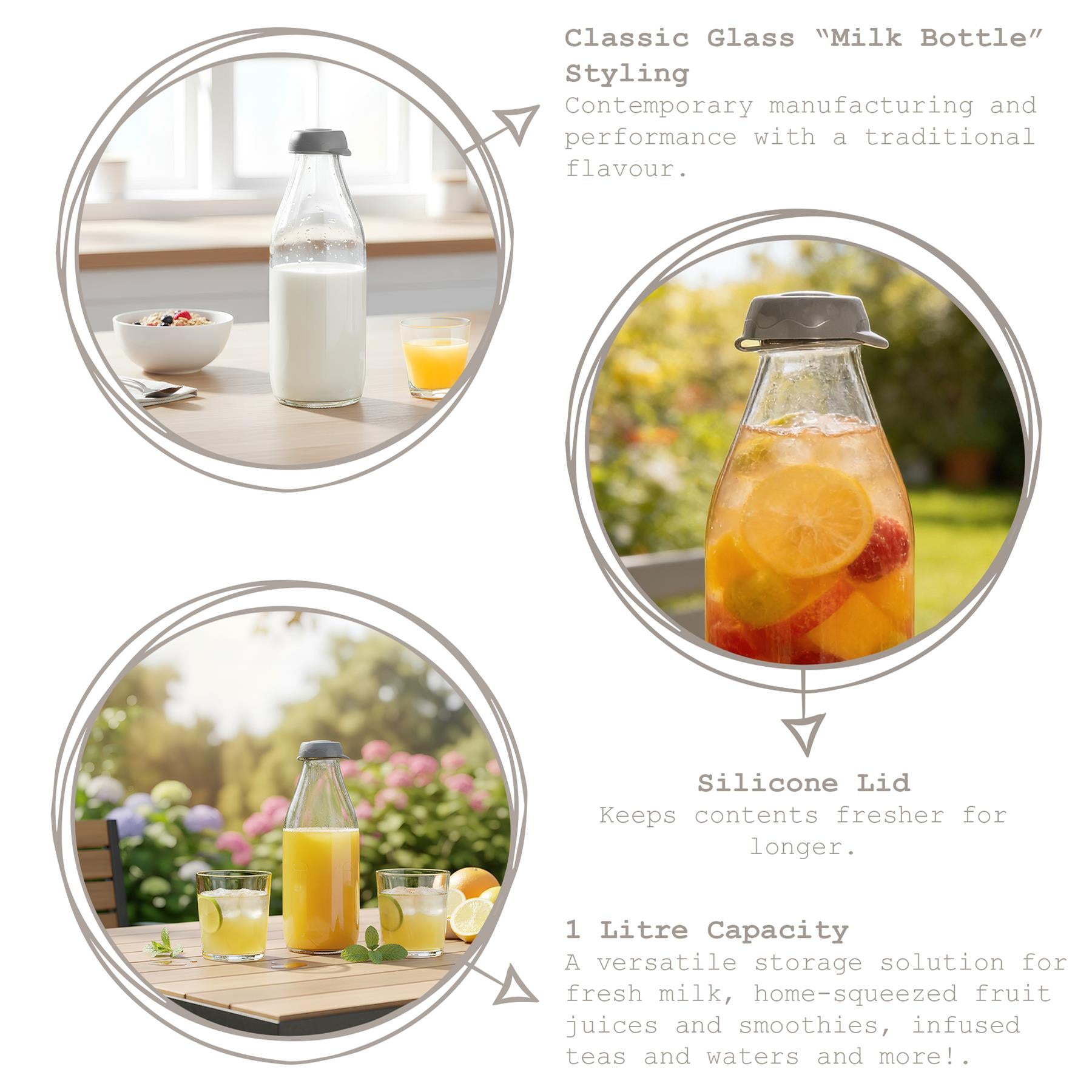 1 Litre Sute Glass Water Bottle with Silicone Lid