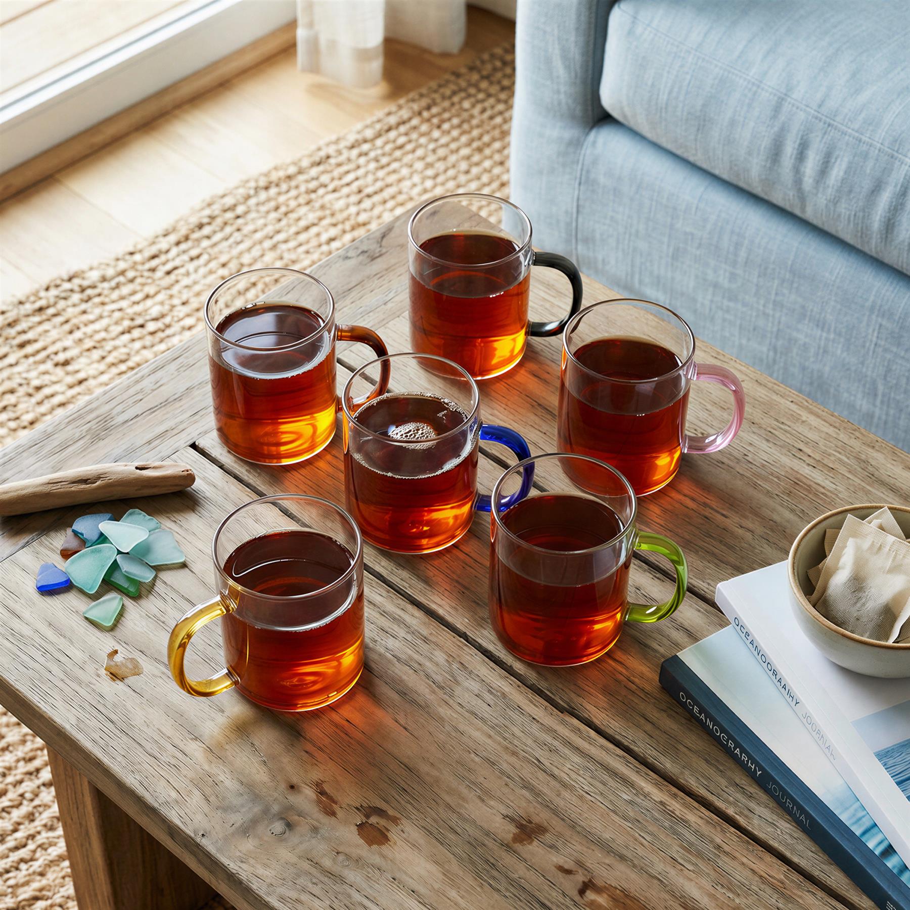 6 Piece 280ml Glass Mugs Set - Coloured Handle