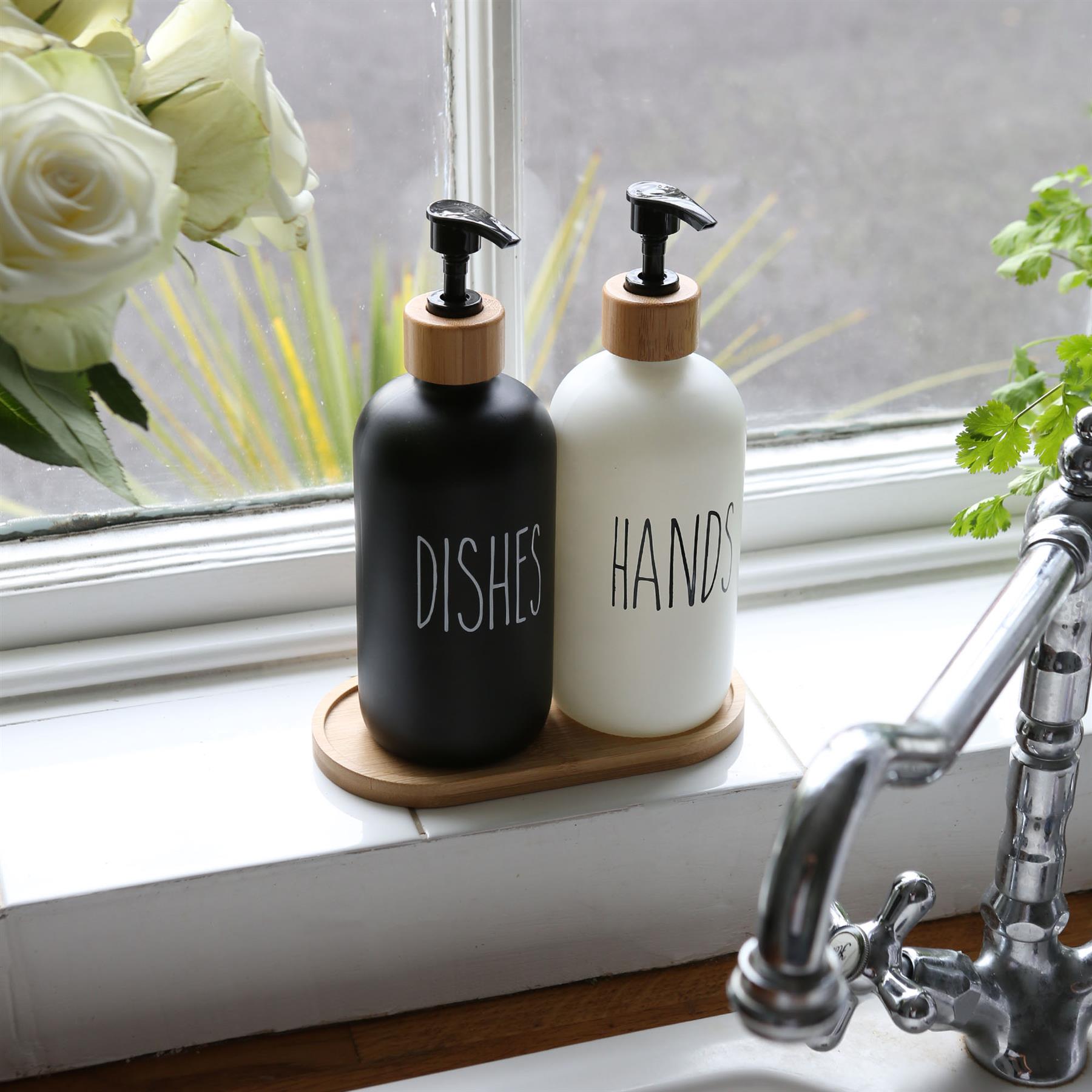 2pc Glass Hand & Dish Soap Dispenser Set with Bamboo Tray - 500ml