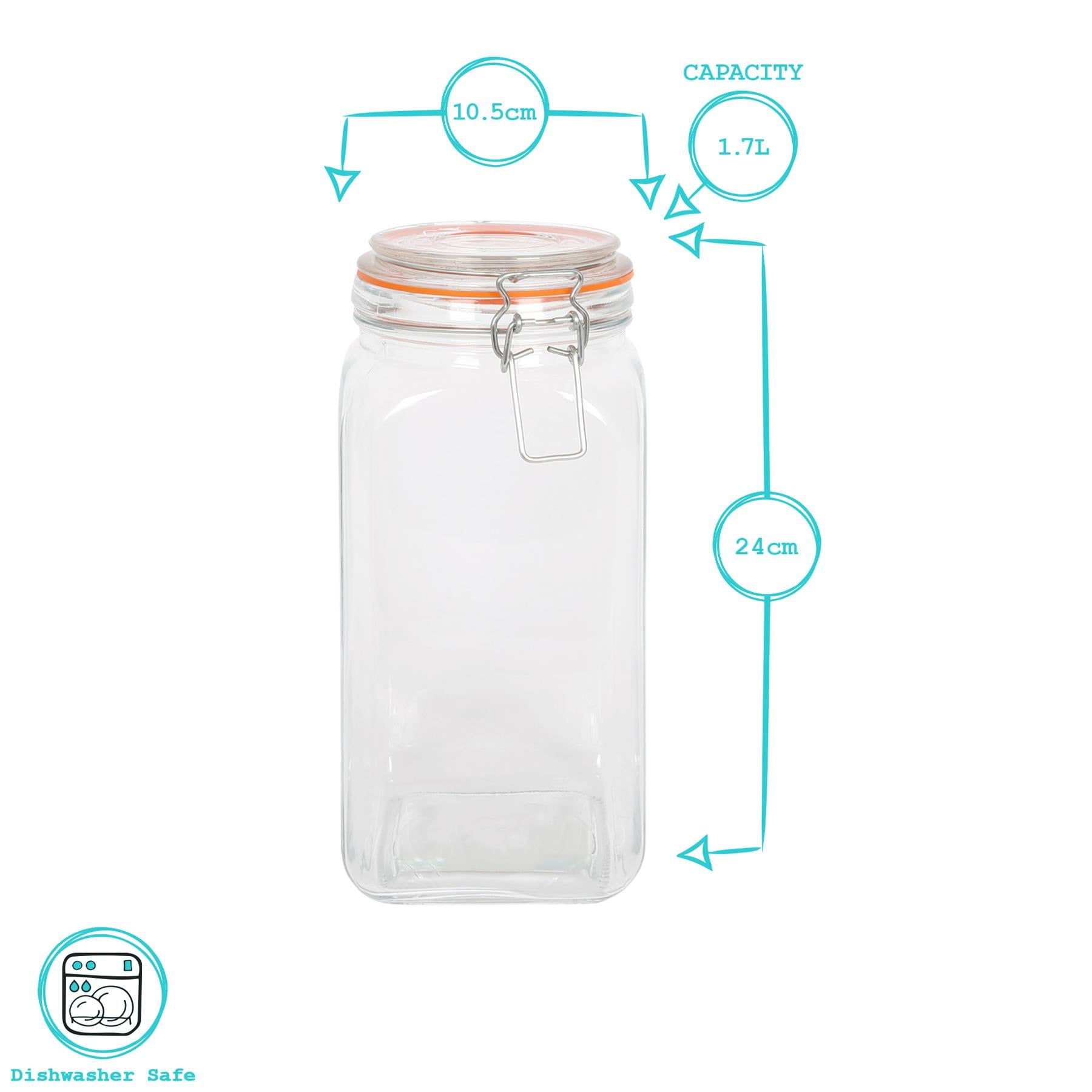 1.7L Square Glass Jars with Clip-Top Lids - Pack of Three