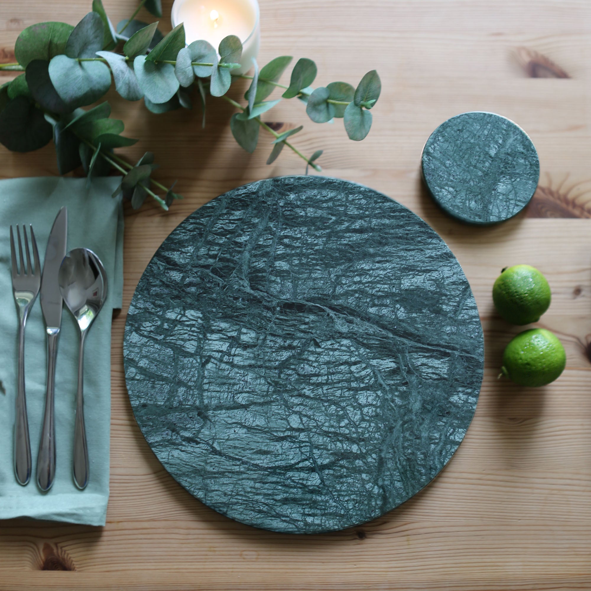 12pc Round Marble Placemats & Round Coasters Set - 30cm - Green