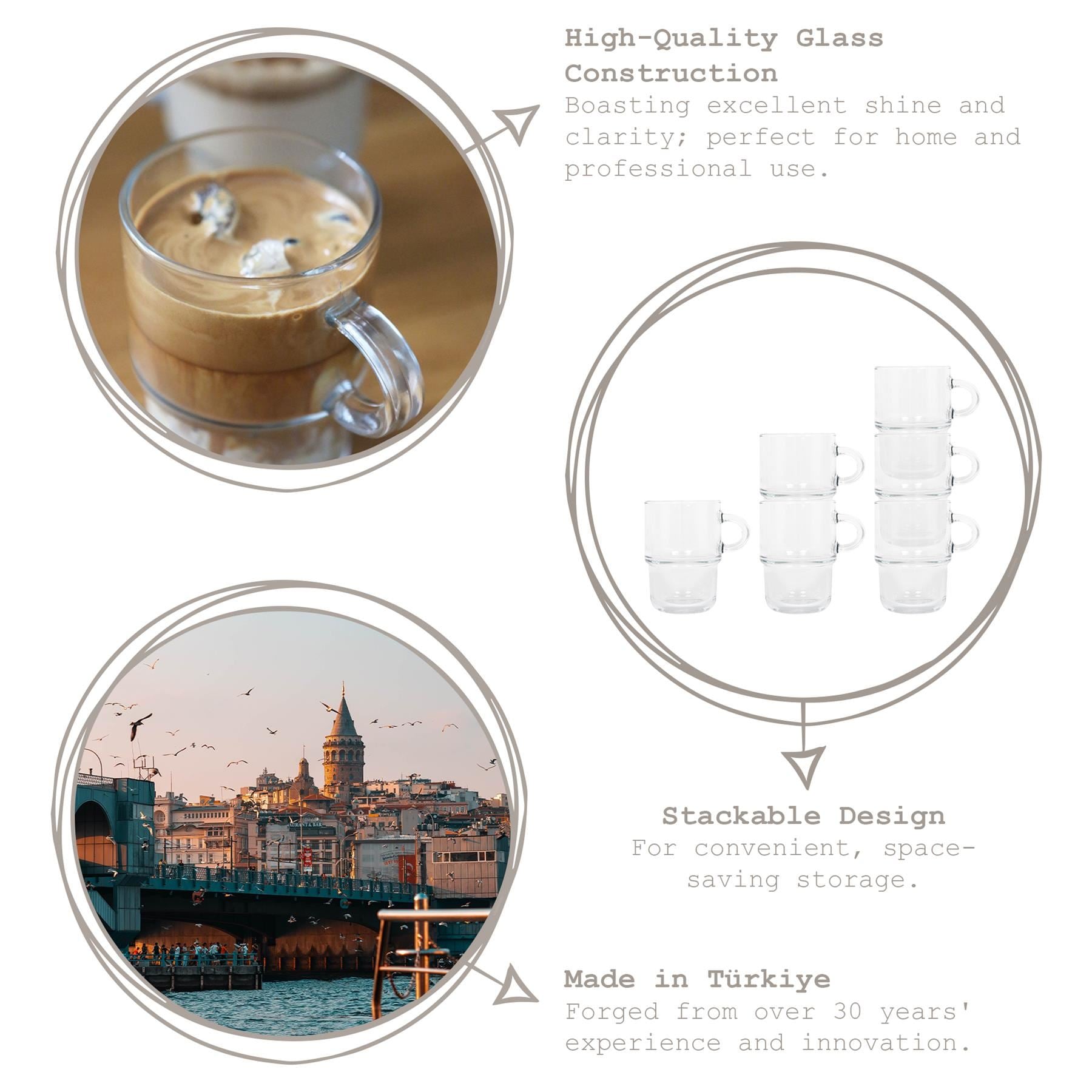 12pc 350ml Cozy Stacking Glass Coffee Cups & Saucers Set