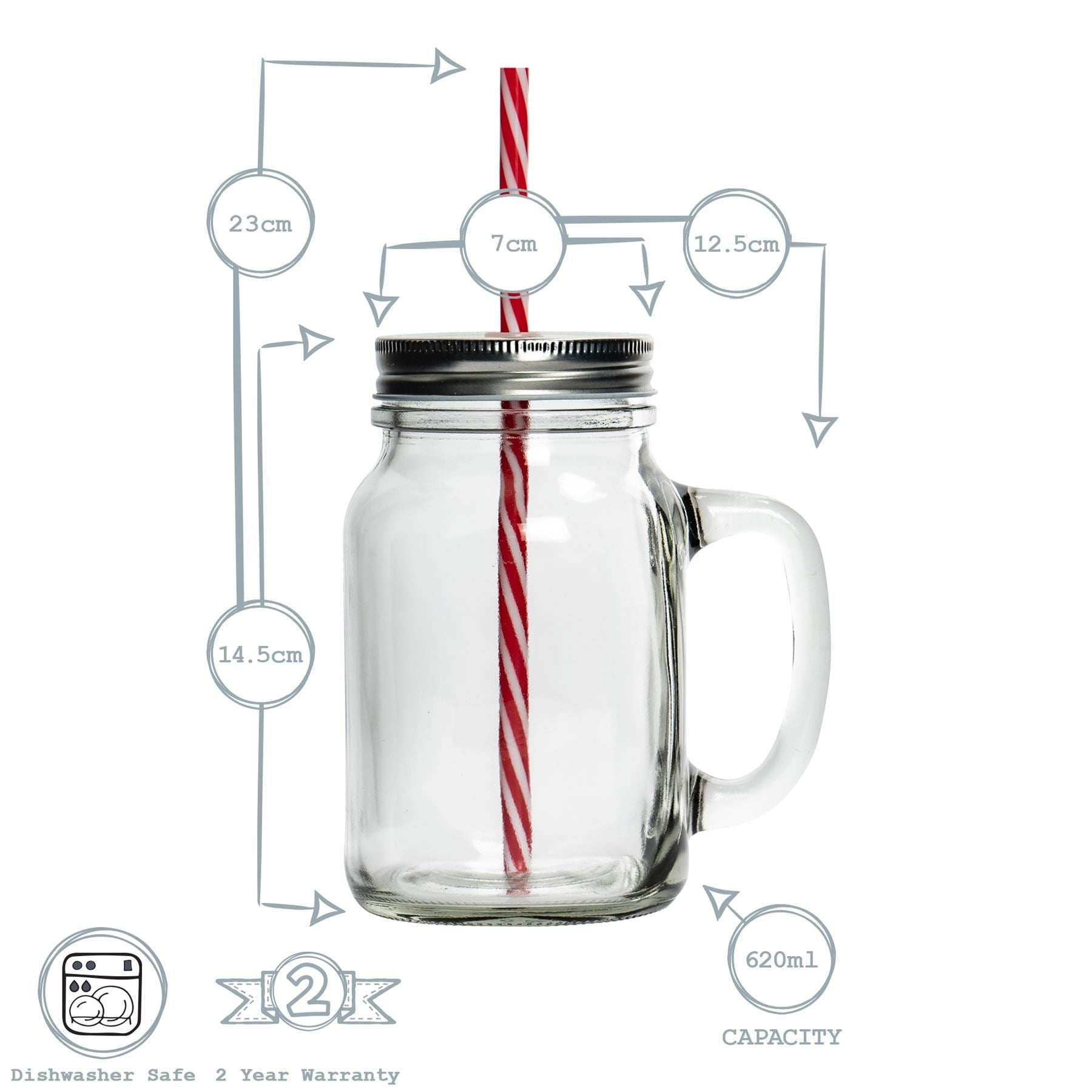 620ml Jam Jar Drinking Glasses with Lids & Straws - Pack of Four