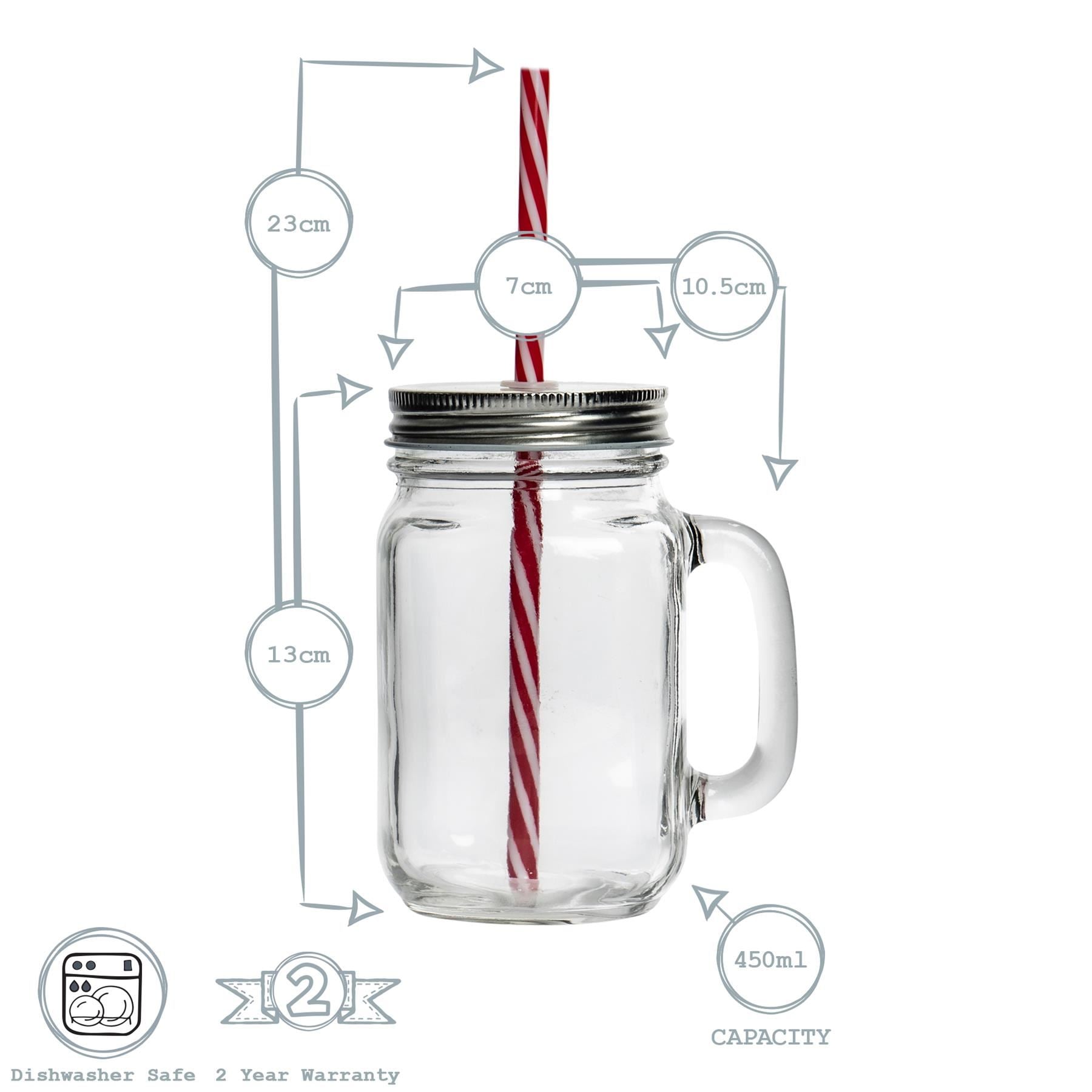 450ml Jam Jar Drinking Glasses with Lids & Straws - Pack of Four