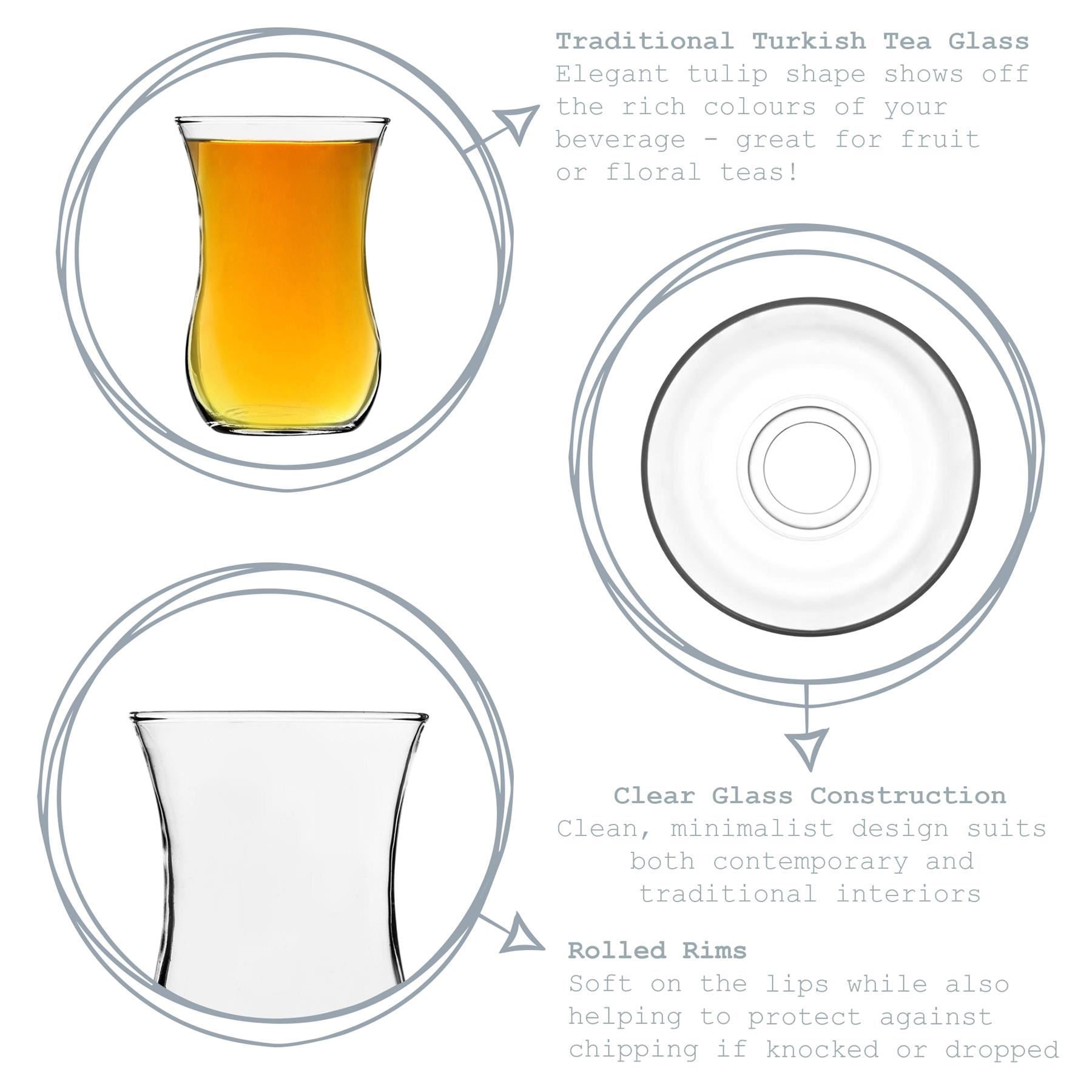 115ml Klasik Turkish Glass Tea Cups & Saucers - Pack of Six