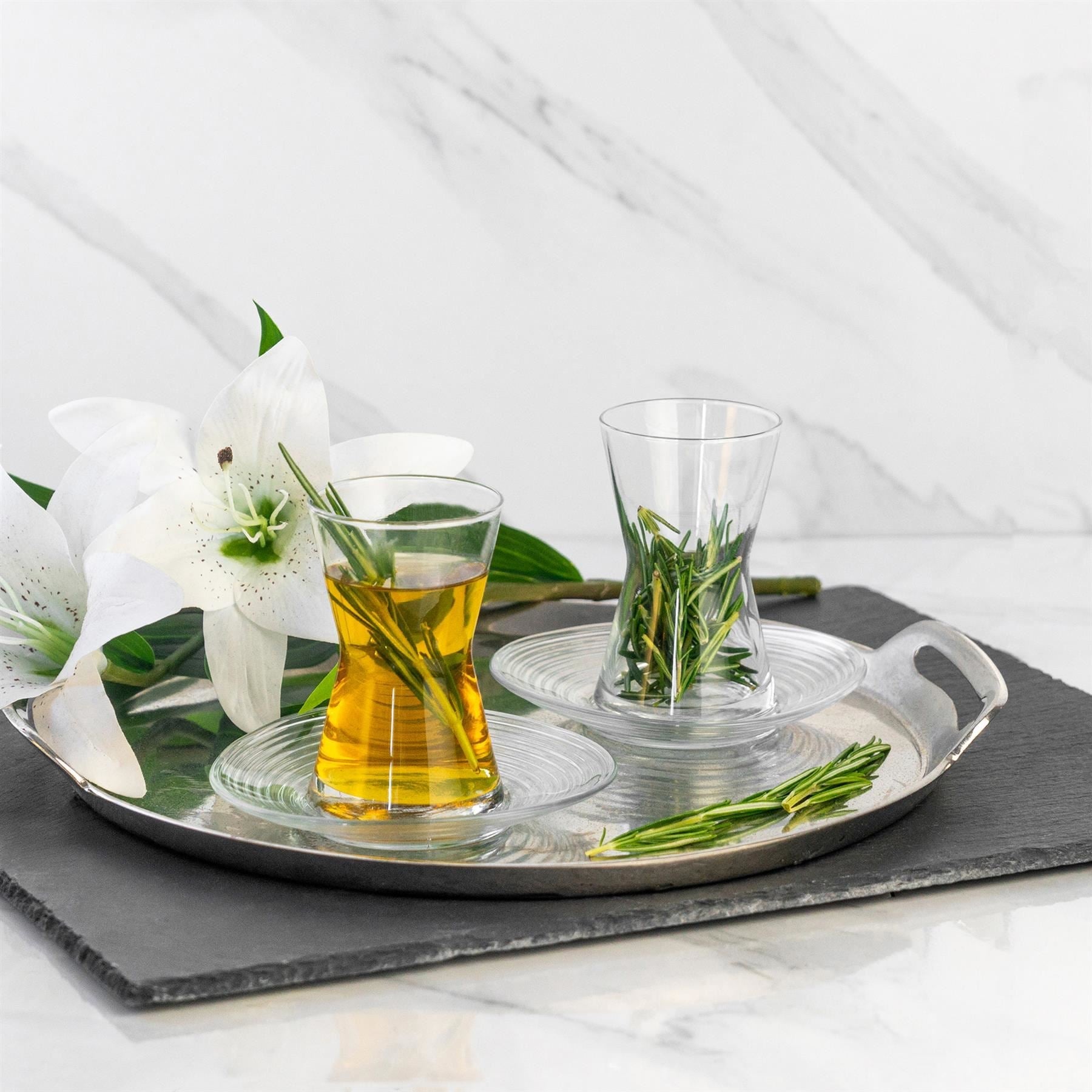 140ml Derin Turkish Glass Tea Cups & Saucers - Six Sets