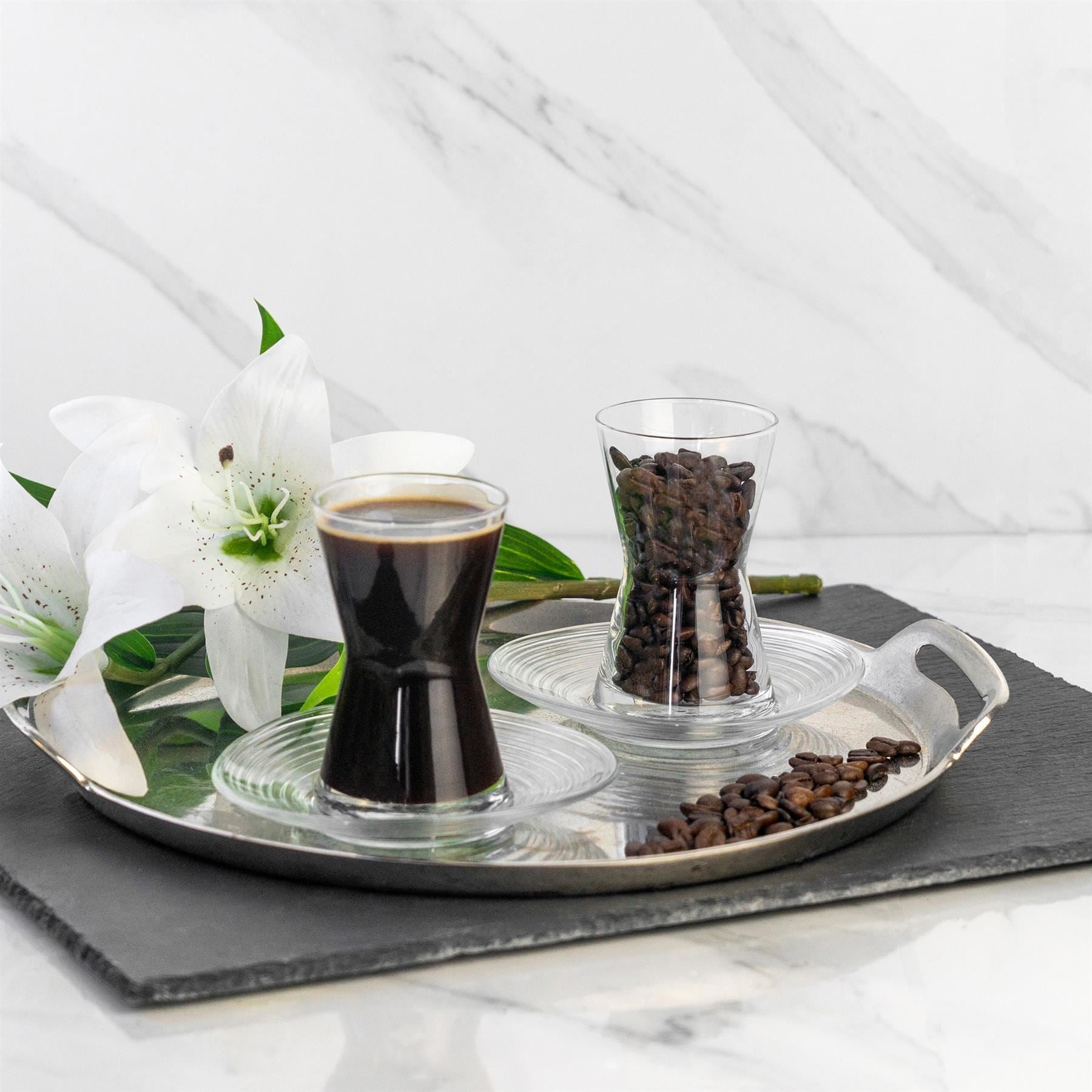 140ml Derin Turkish Glass Tea Cups & Saucers - Six Sets