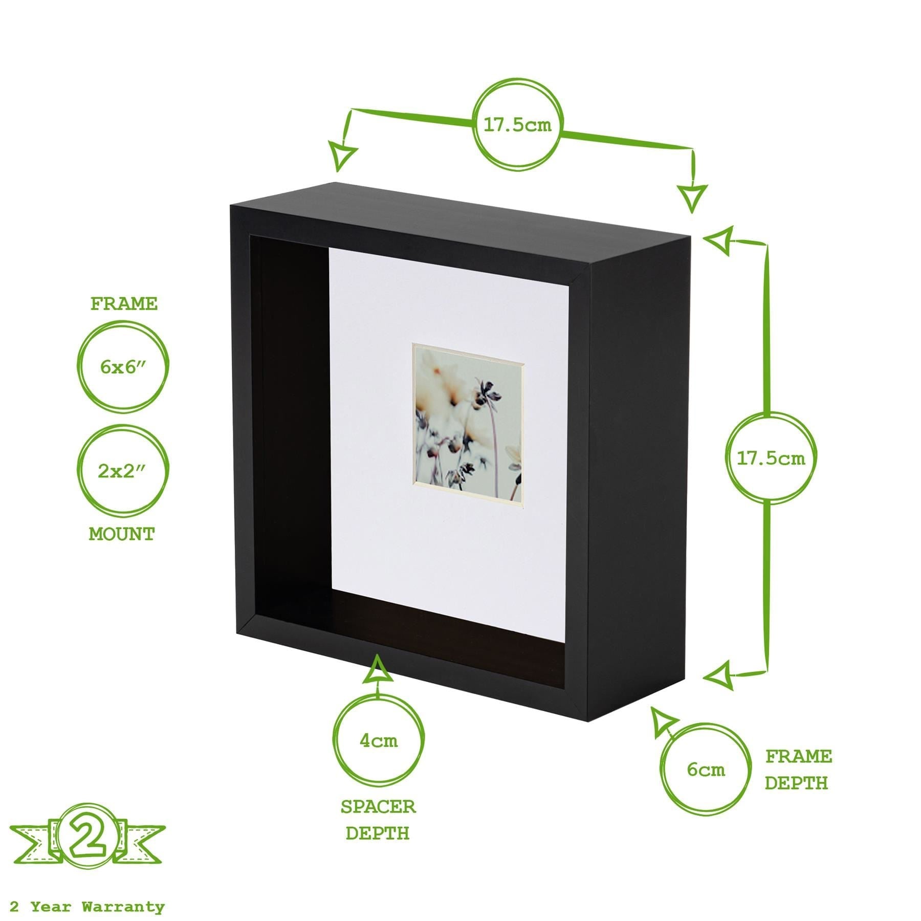 6" x 6" Black 3D Deep Box Photo Frame with White 2" x 2" Mount