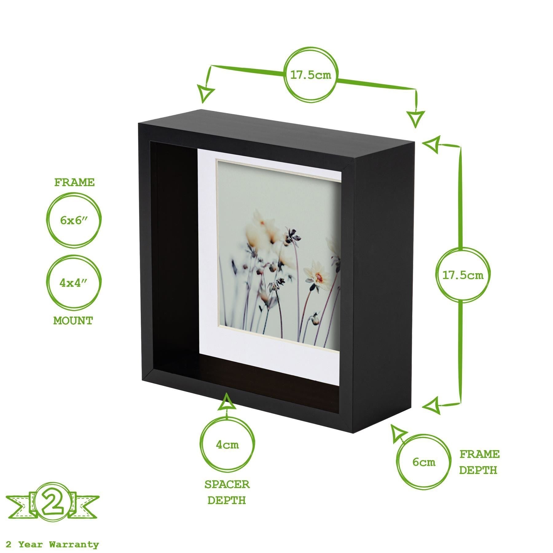 6" x 6" Black 3D Deep Box Photo Frame with White 4" x 4" Mount