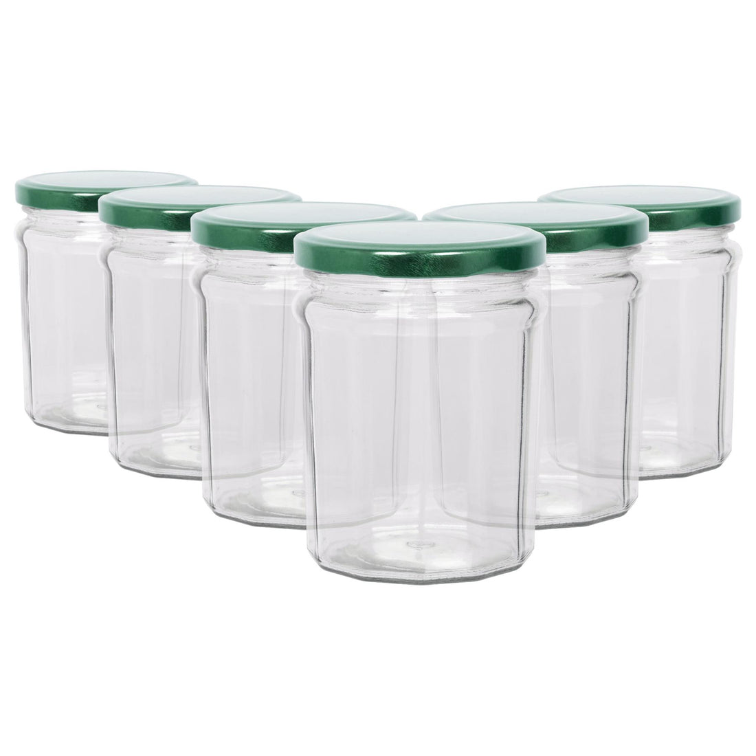 380ml Octagonal Glass Jam Jars with Green Screw-Top Lids - Pack of 6