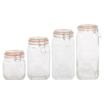 1.7L Square Glass Jars with Clip-Top Lids - Pack of Three