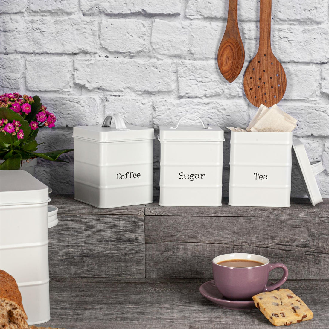 White 2L Vintage Metal Tea, Coffee &amp; Sugar Canister with Labels