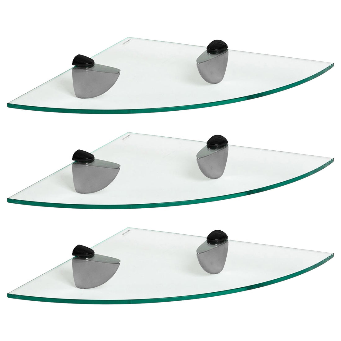 30cm Floating Glass Bathroom Corner Shelves with Black Brackets - Pack of 3