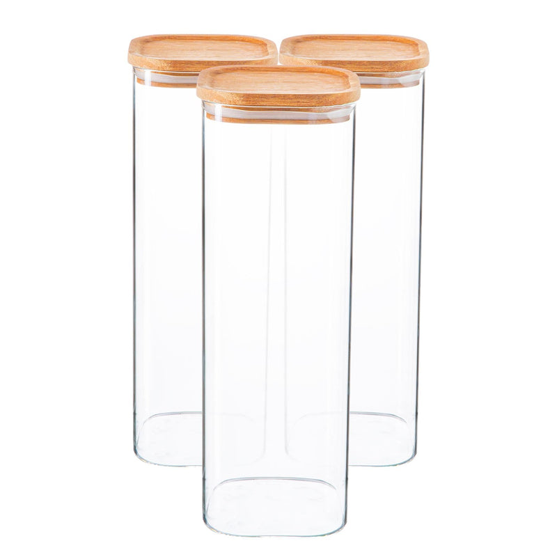 2.2L Square Glass Storage Jars with Wooden Lid - Pack of 3 - By Argon Tableware