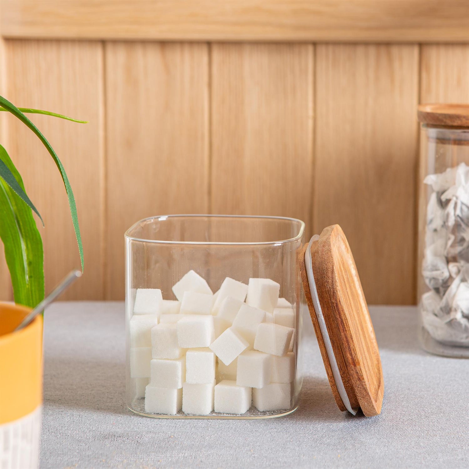 680ml Square Glass Storage Jars with Wooden Lid - Pack of 3