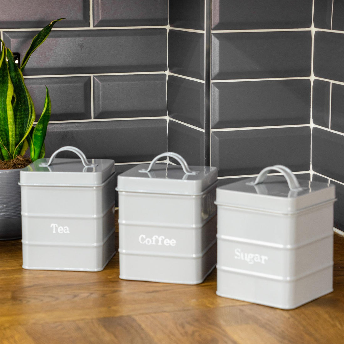 Grey 2L Vintage Metal Tea, Coffee &amp; Sugar Canister with Labels