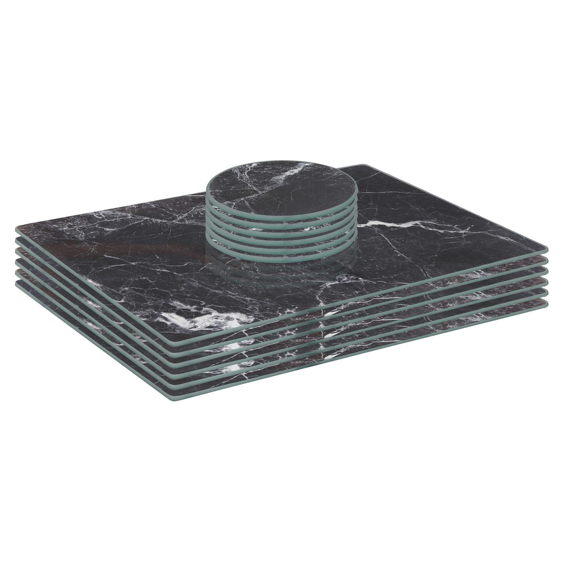 Black Marble-Effect 12-Piece Rectangular Glass Placemats &amp; Round Coasters Set - 30cm x 20cm