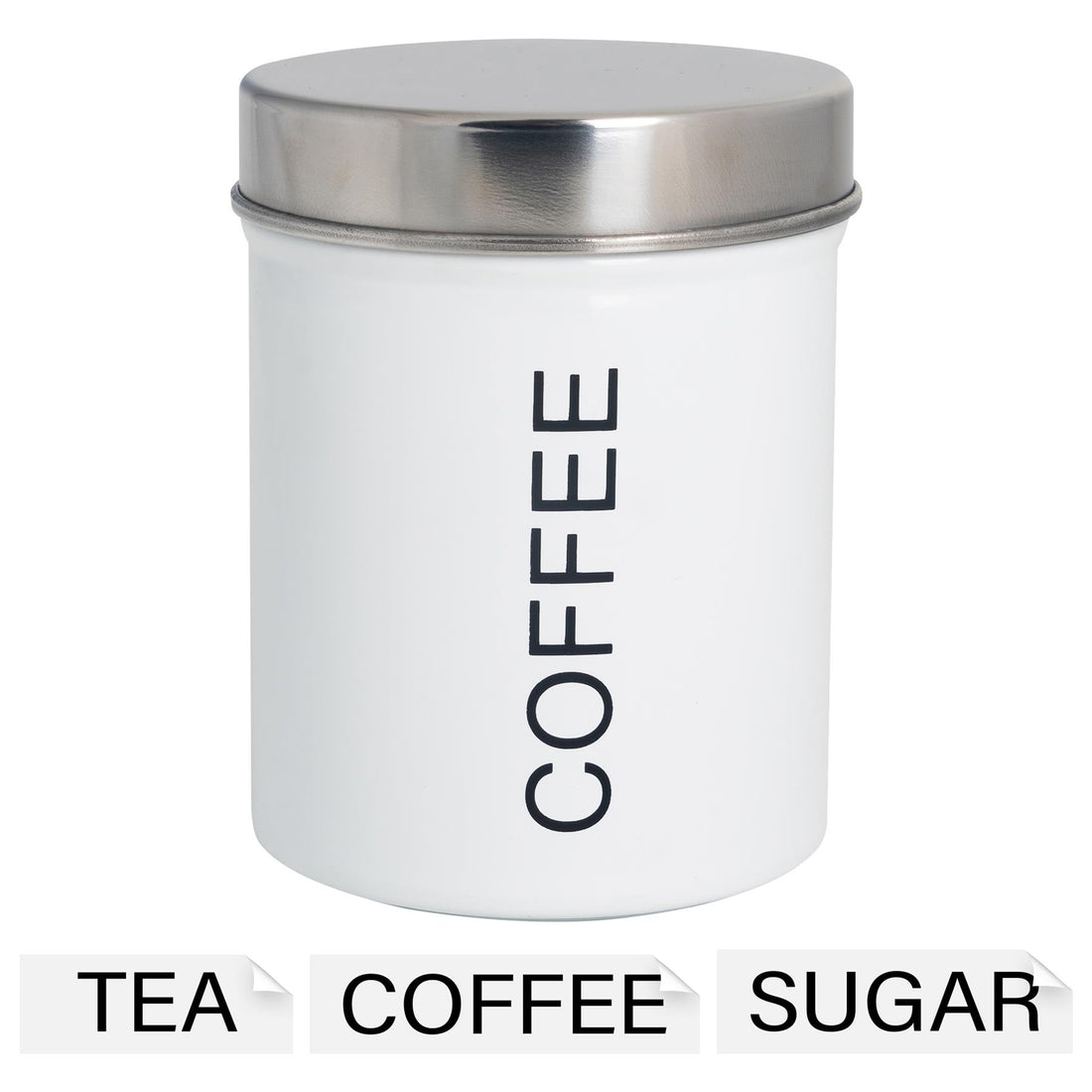 White 1L Round Metal Tea, Coffee &amp; Sugar Canister with Labels