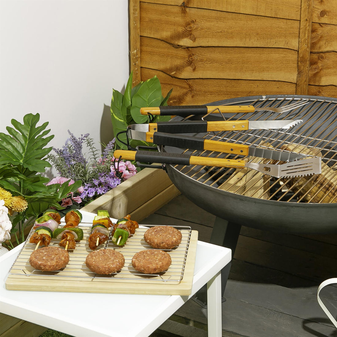 3-Piece Wooden-Handled BBQ Tool Set - Orange Rope