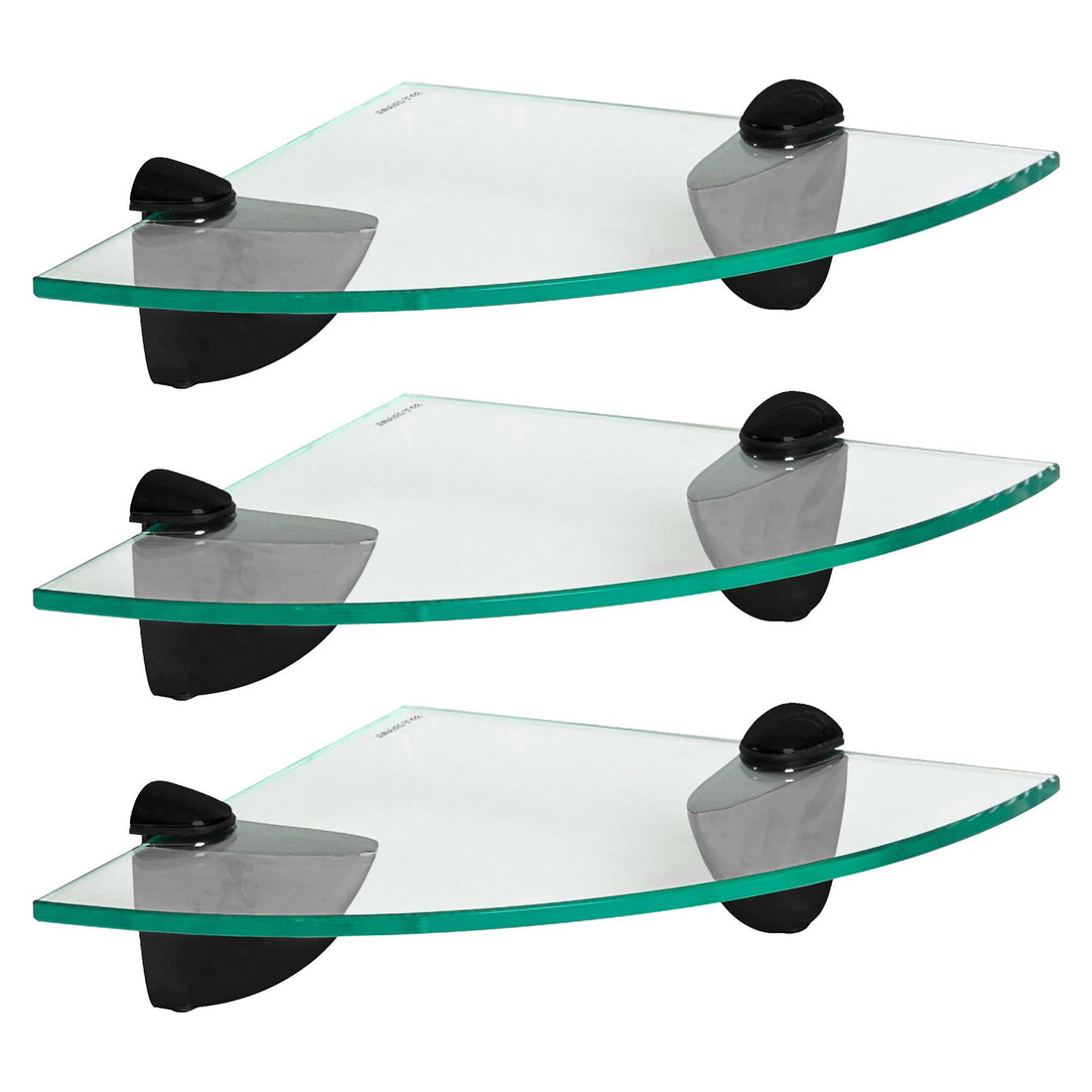 20cm Floating Glass Bathroom Corner Shelves with Black Brackets - Pack of 3