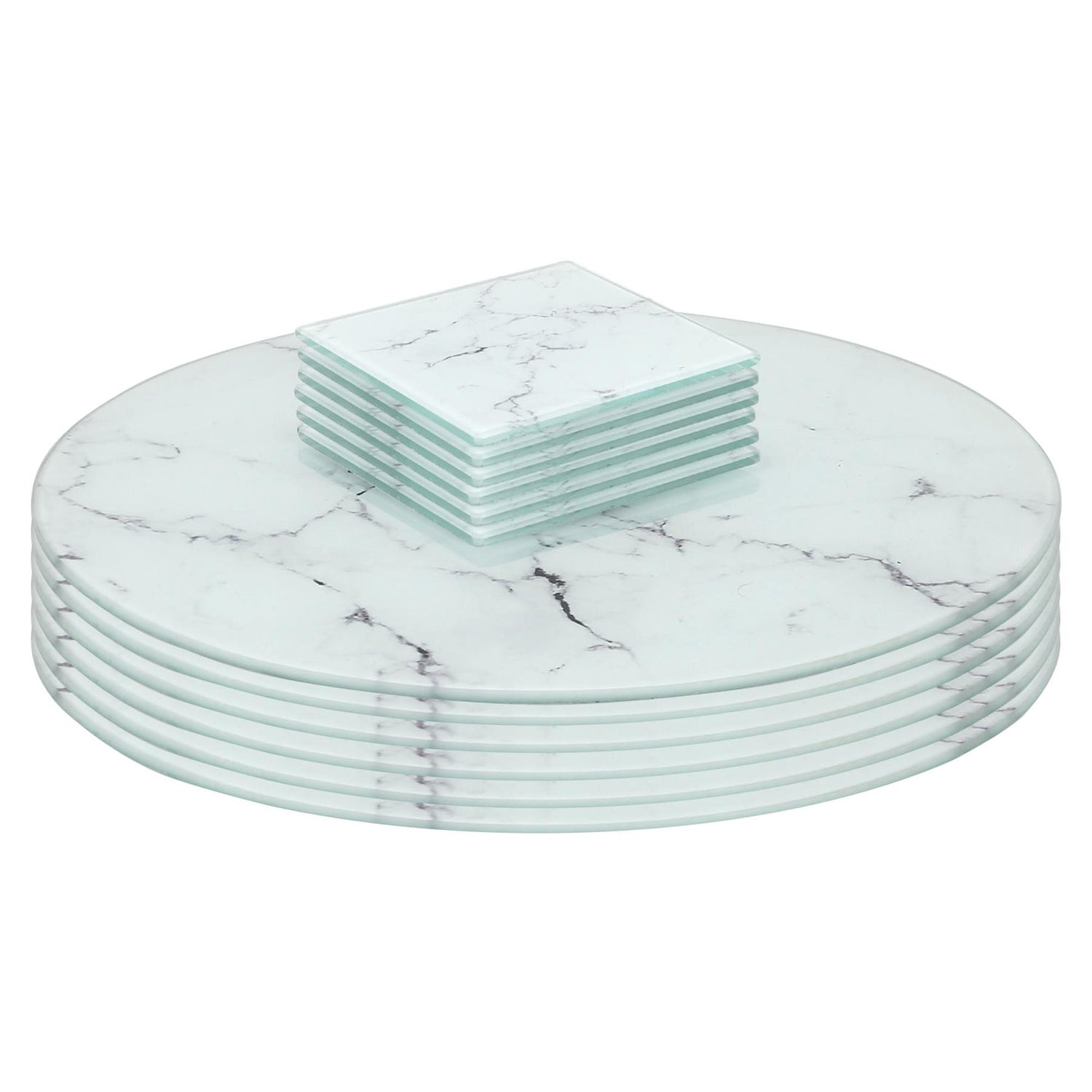 12pc Round Glass Placemats &amp; Square Coasters Set - 30cm - Marble - By Harbour Housewares