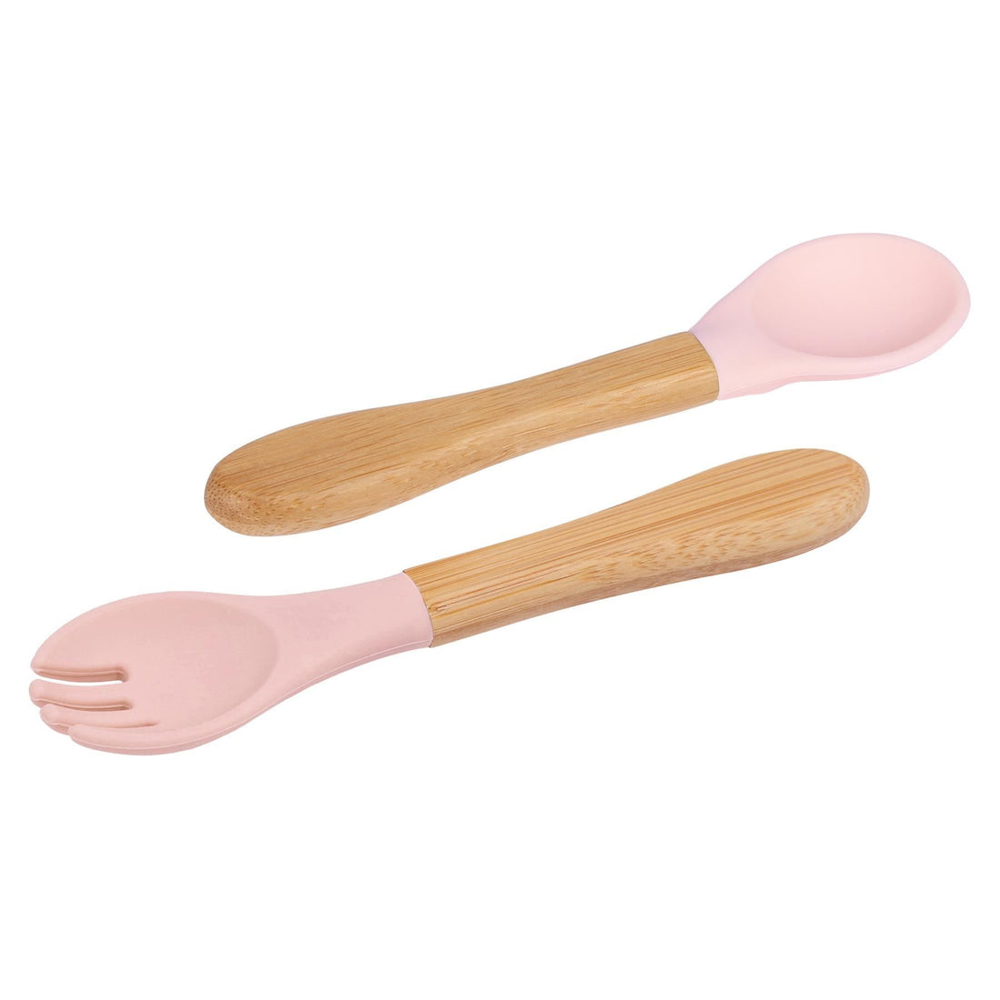 2-Piece Bamboo Baby Weaning Fork &amp; Spoon Set with Pastel Pink Silicone Tips