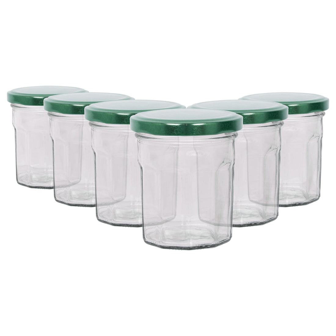 150ml Octagonal Glass Jam Jars with Green Screw-Top Lids - Pack of 6