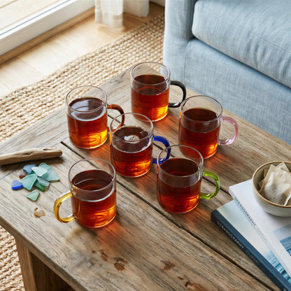 6 Piece 280ml Glass Mugs Set - Coloured Handle