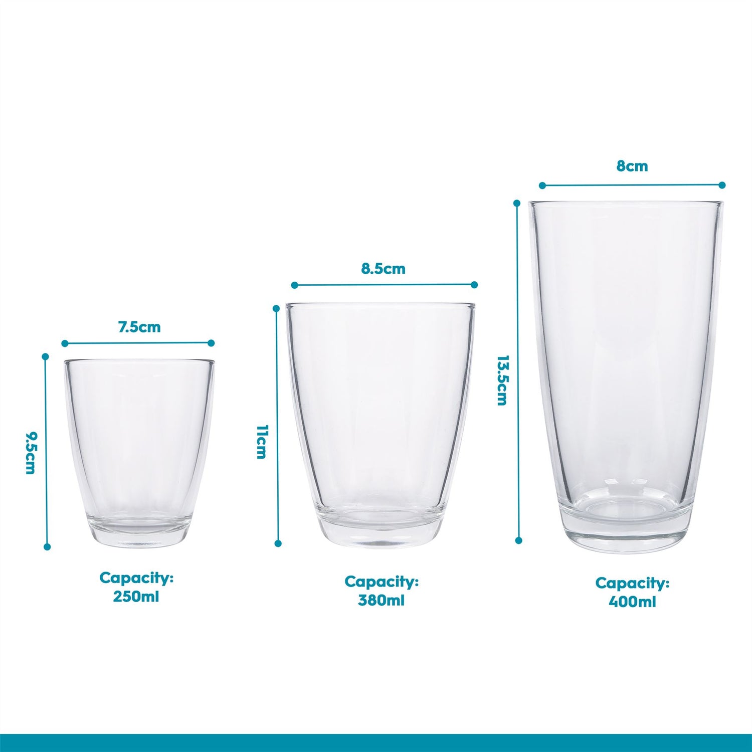 18 Piece Conical Glass Tumbler Set - 3 Sizes