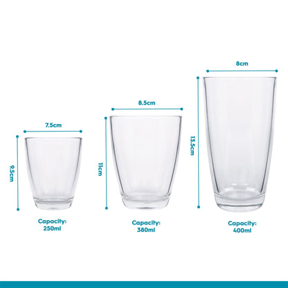 18 Piece Conical Glass Tumbler Set - 3 Sizes