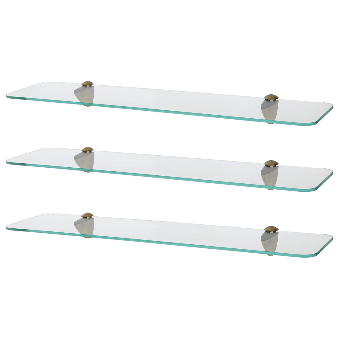 60cm Rounded Floating Glass Bathroom Shelves with Gold Brackets - Pack of 3