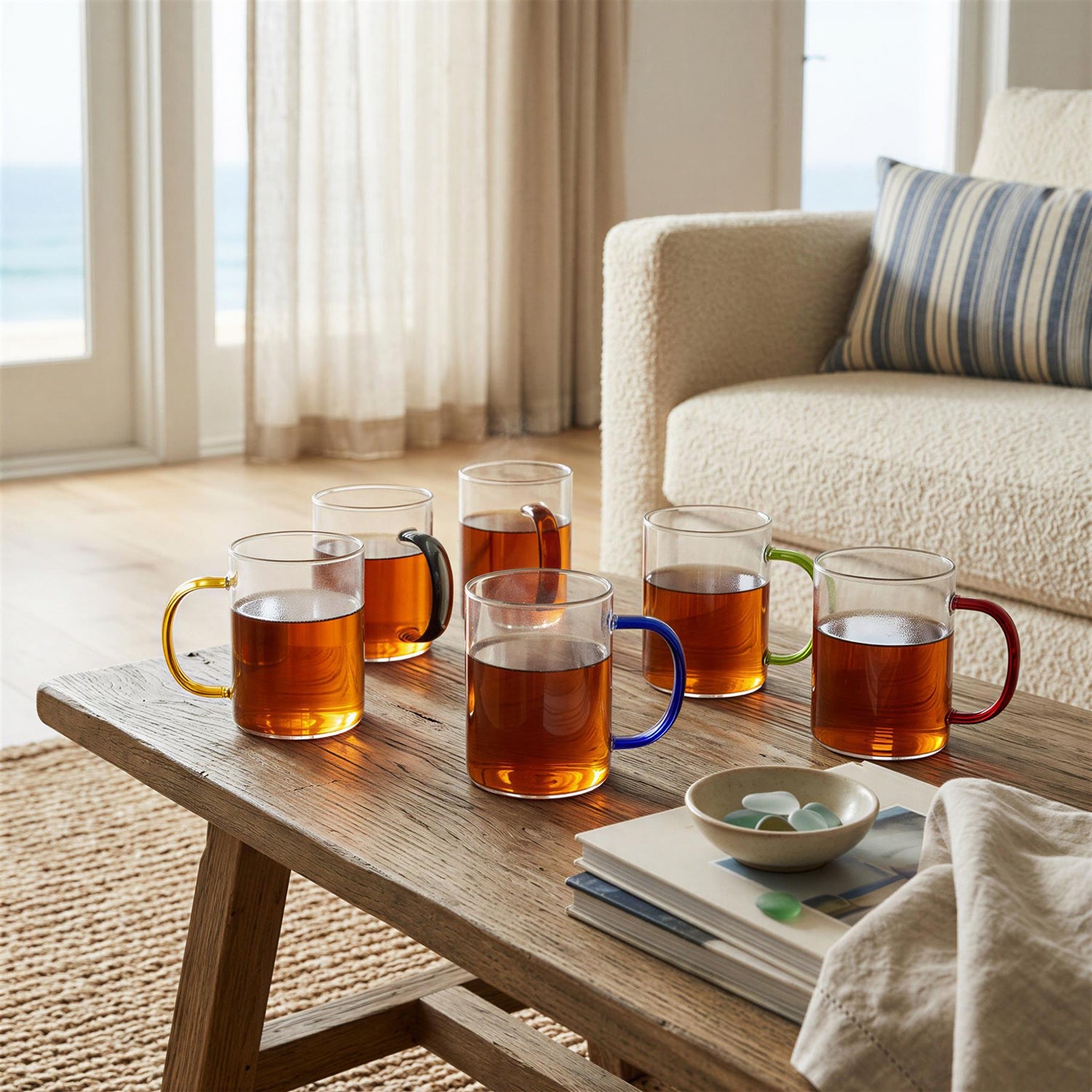 6 Piece 280ml Glass Mugs Set - Coloured Handle