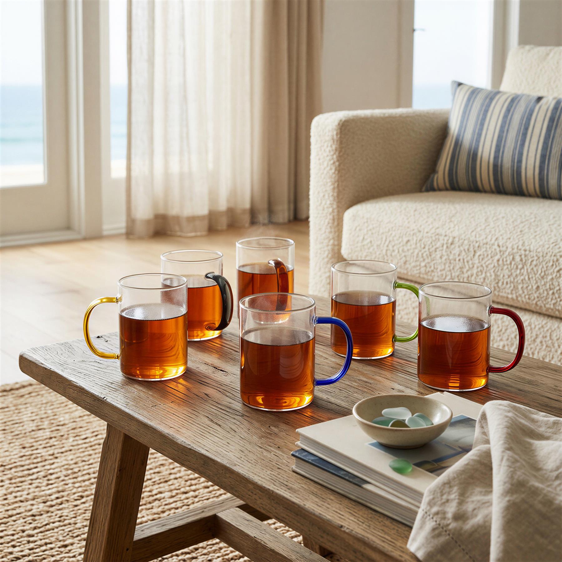 6 Piece 280ml Glass Mugs Set - Coloured Handle