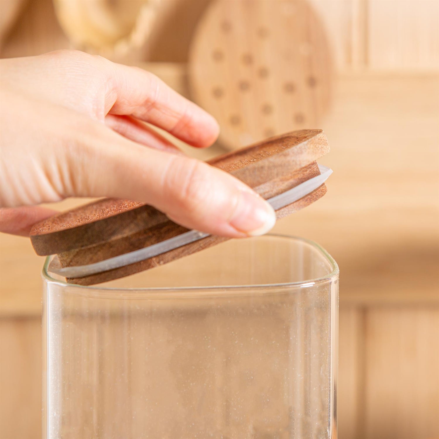 1.1L Square Glass Storage Jars with Wooden Lid - Pack of 3