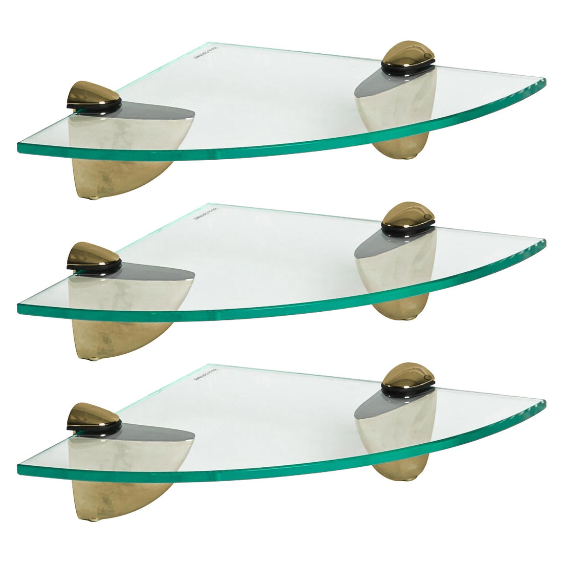 20cm Floating Glass Bathroom Corner Shelves with Gold Brackets - Pack of 3