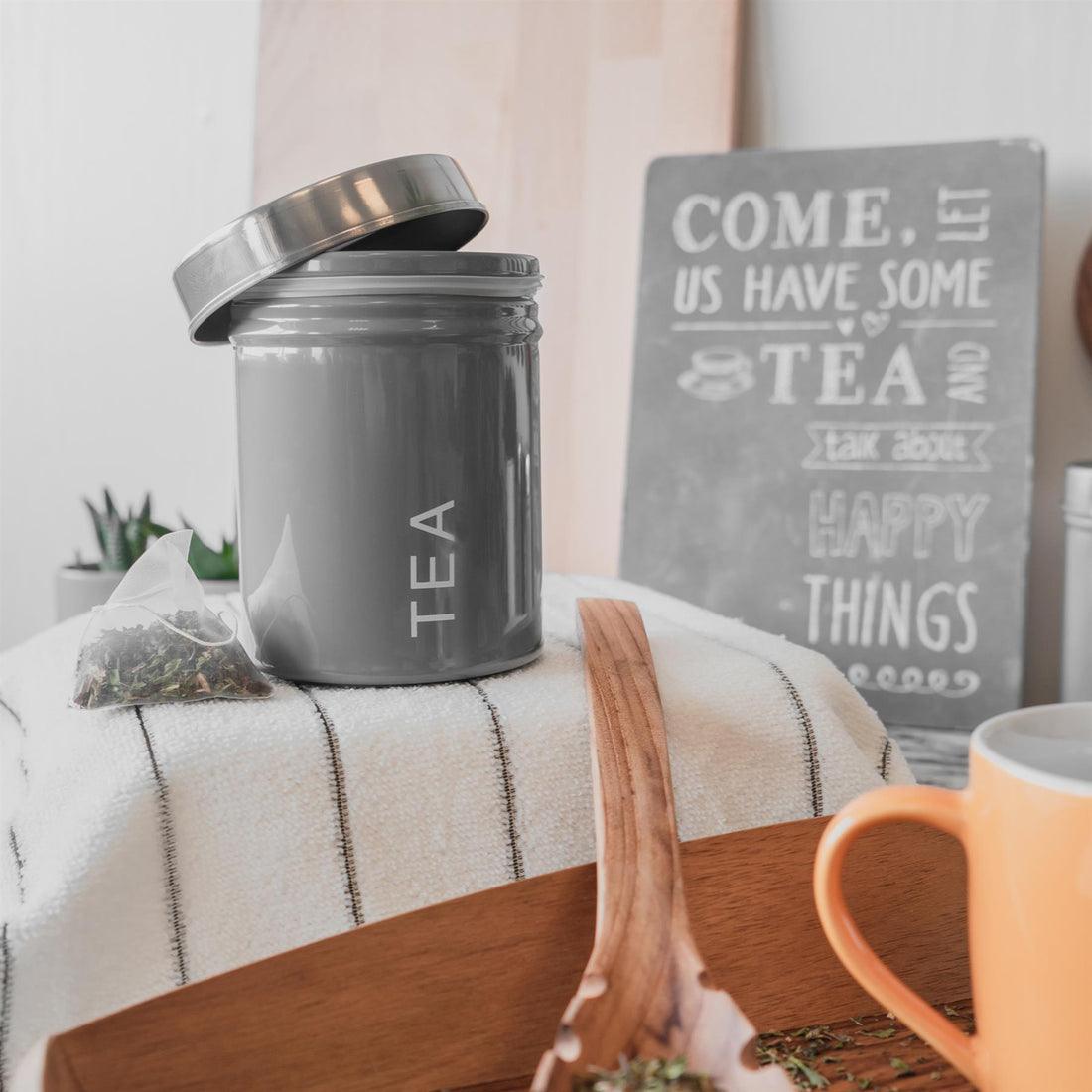 Grey 1L Round Metal Tea, Coffee &amp; Sugar Canister with Labels