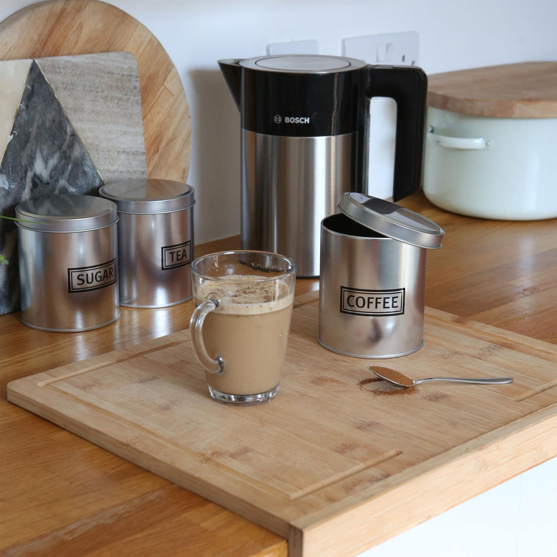 3-Piece Round Metal Tea, Coffee &amp; Sugar Canister Set - Brushed Finish