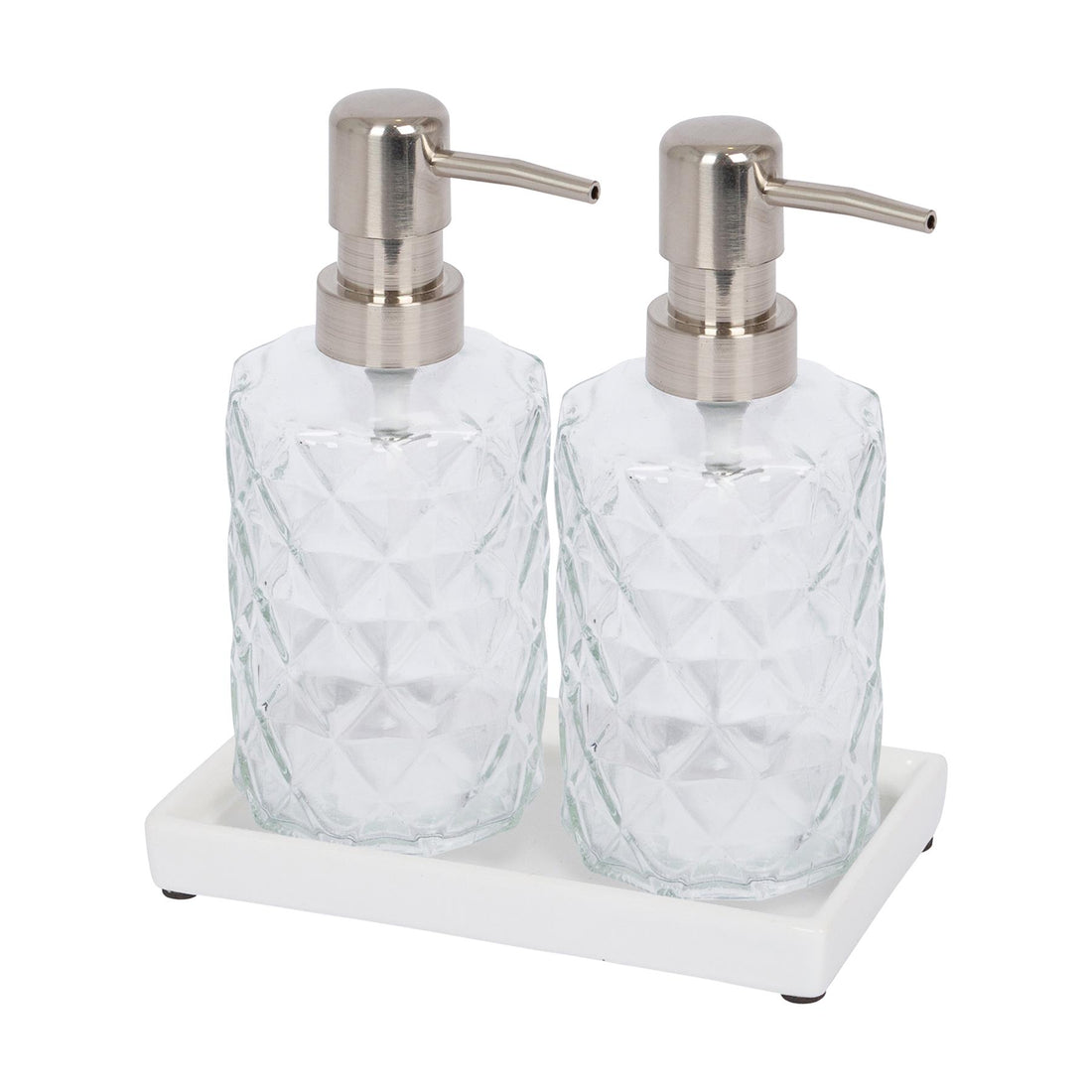 2pc Prism Glass Soap Dispenser Set with Ceramic Tray - 330ml - By Harbour Housewares