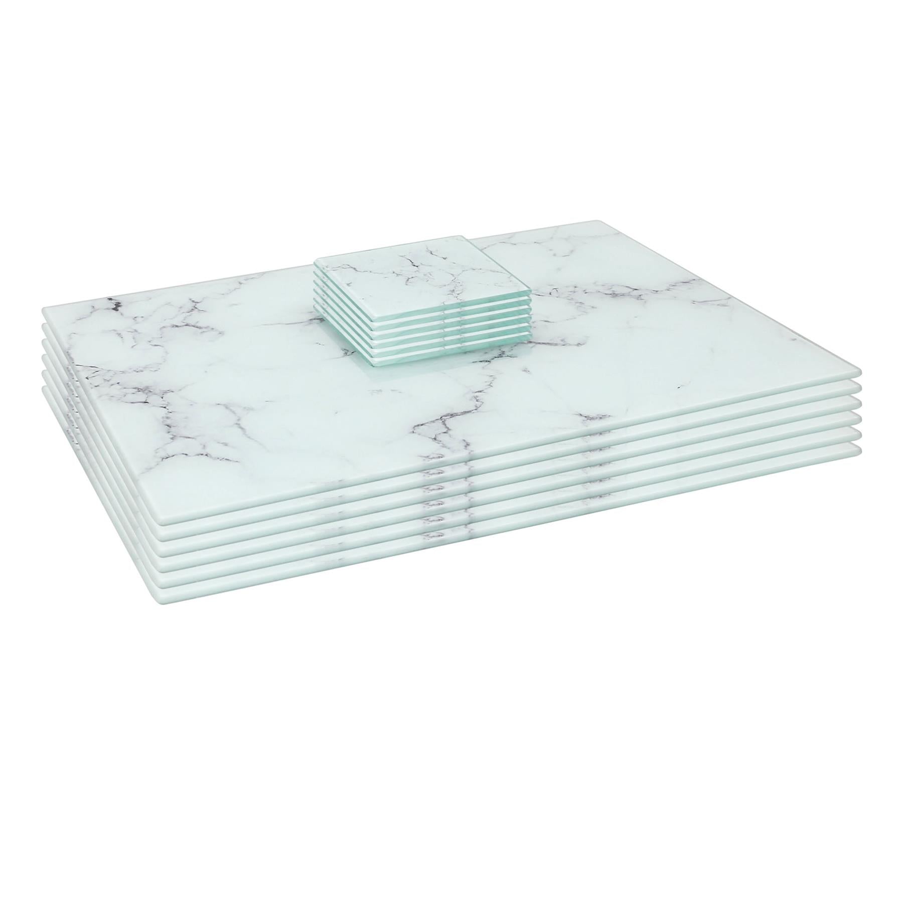 12pc Rectangle Glass Placemats &amp; Square Coasters Set - 40cm x 30cm - Marble - By Harbour Housewares