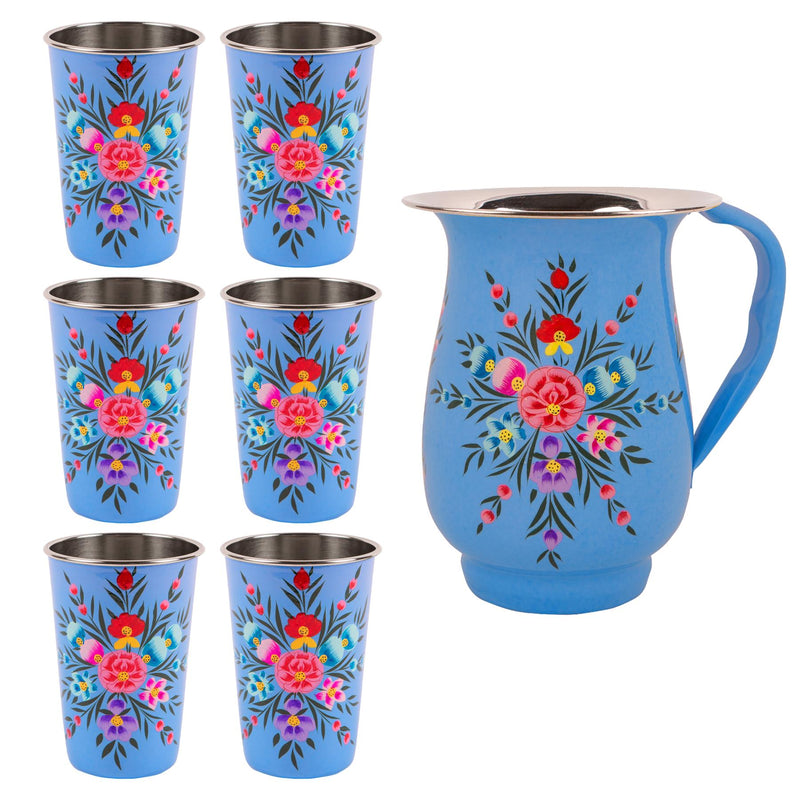 Pansy 1.7L Hand-Painted Picnic Water Jug with 400ml Tumblers Set - By BillyCan