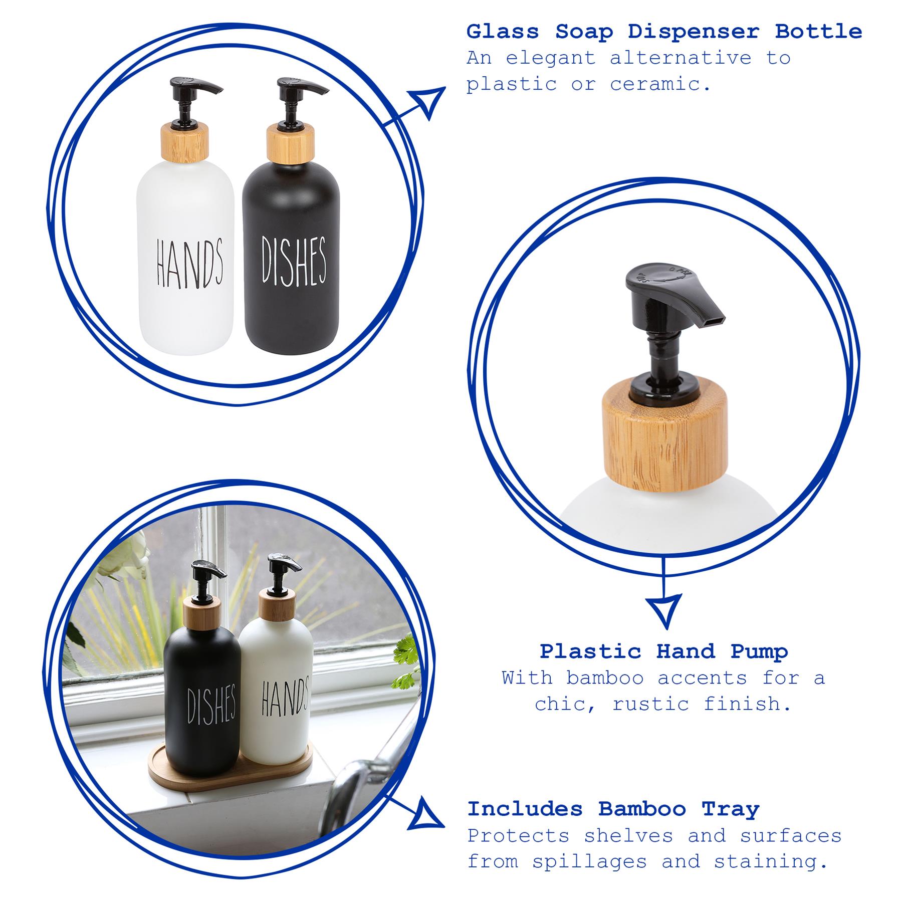 2pc Glass Hand &amp; Dish Soap Dispenser Set with Bamboo Tray - 500ml