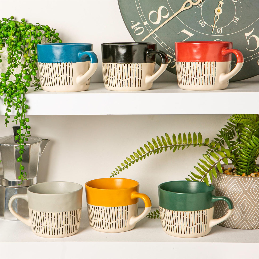 450ml Two-Tone Dash Stoneware Coffee Mugs - 6-Colour Assortment - Pack of 6