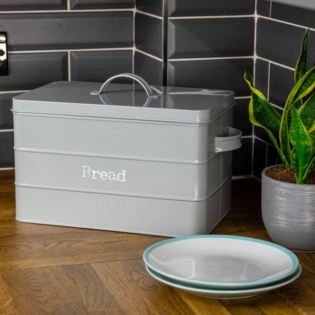 Grey 15L Vintage Metal Bread Bin with Labels