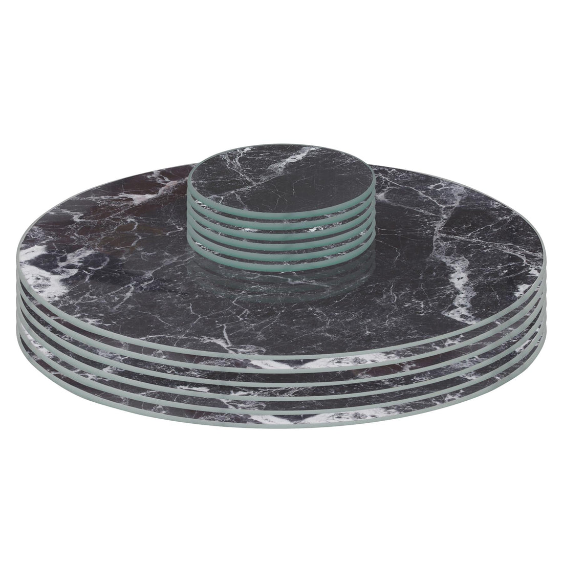Black Marble-Effect 12-Piece Round Glass Placemats &amp; Round Coasters Set - 30cm