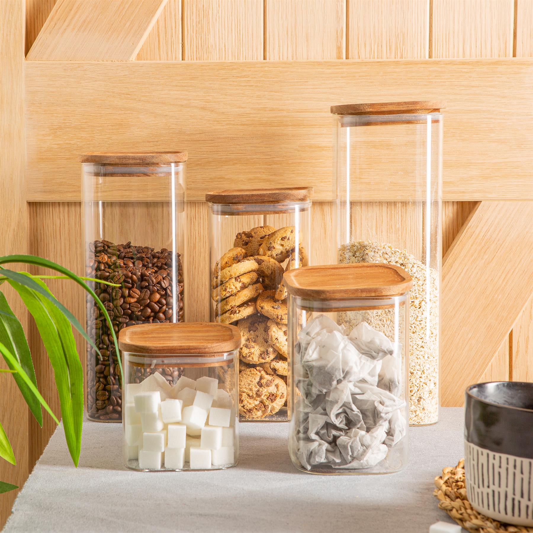 1.9L Square Glass Storage Jars with Wooden Lid - Pack of 3