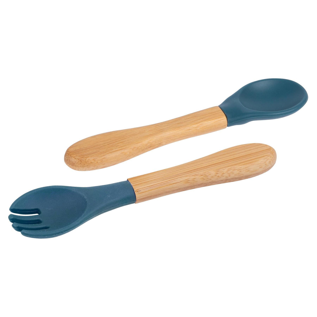 2-Piece Bamboo Baby Weaning Fork &amp; Spoon Set with Navy Blue Silicone Tips