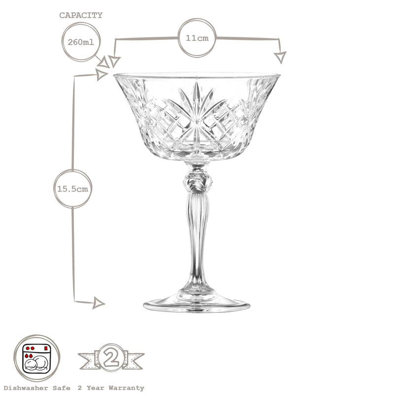 260ml Melodia Glass Champagne Saucers - Pack of Six - By RCR Crystal