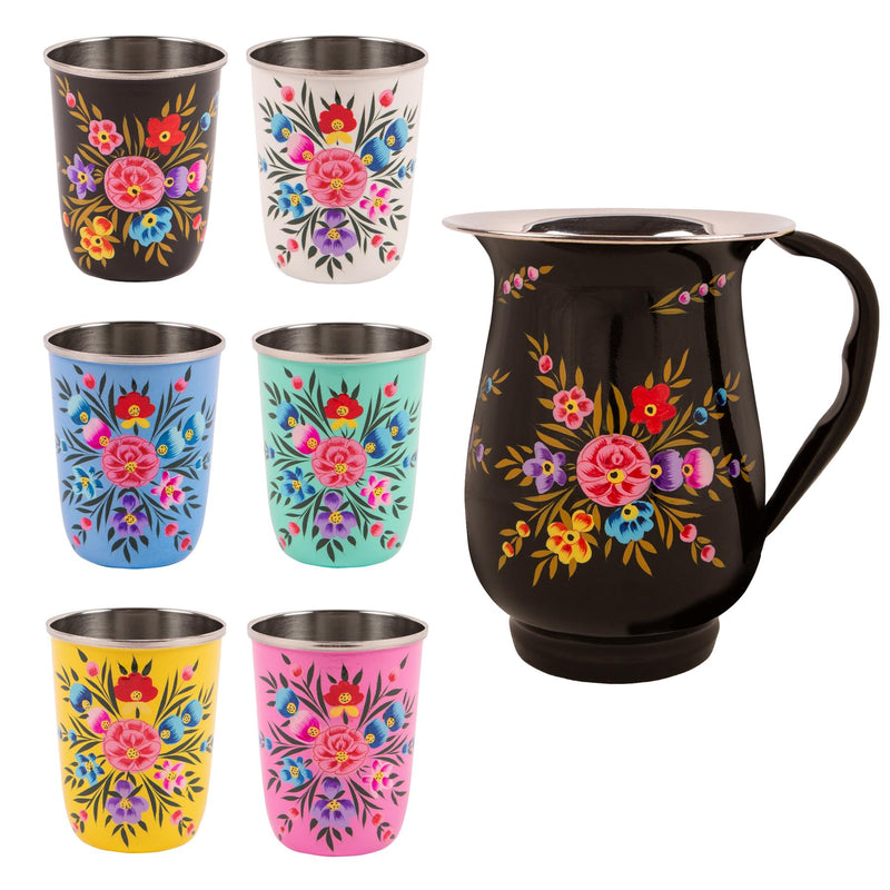 Pansy 1.7L Hand-Painted Picnic Water Jug with Mixed 300ml Tumblers Set - By BillyCan