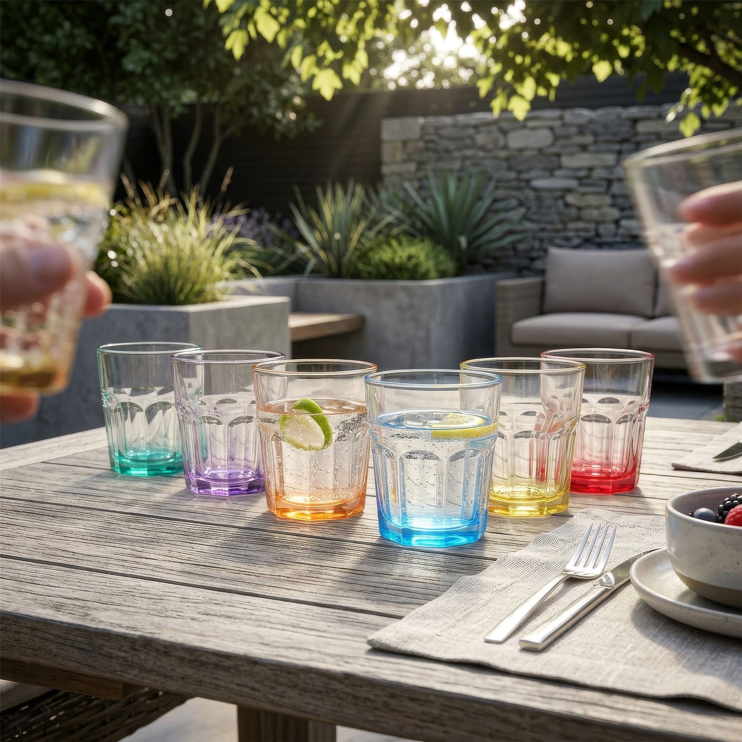 285ml Panelled Glass Tumblers with Coloured Base - Pack of 6