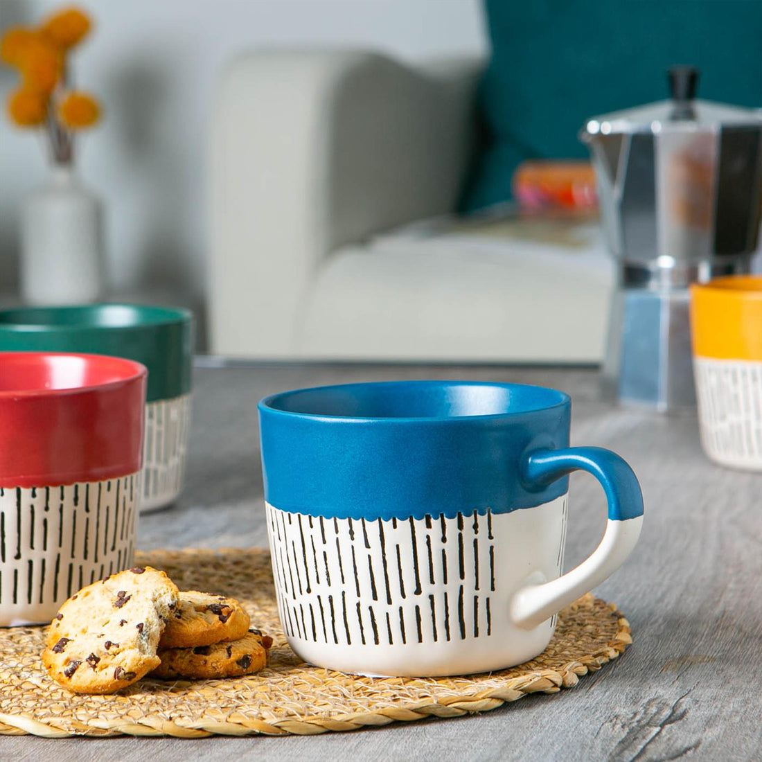 450ml Blue Two-Tone Dash Stoneware Coffee Mugs - Pack of 6